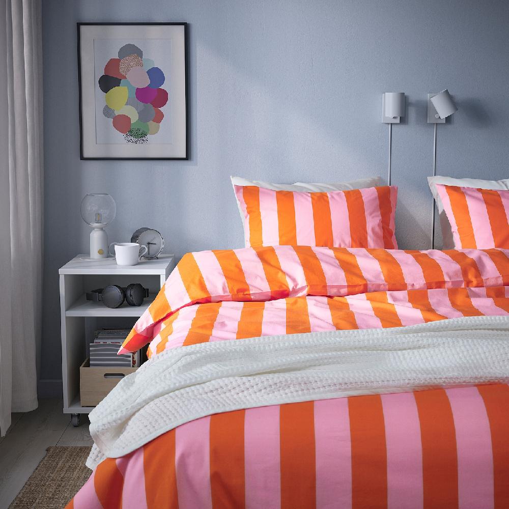 IKEA SLÅNHÖSTMAL Bettwäsche-Set 2-teilig orange/rosa/gestreift 140x200/80x80 cm Top Angebot