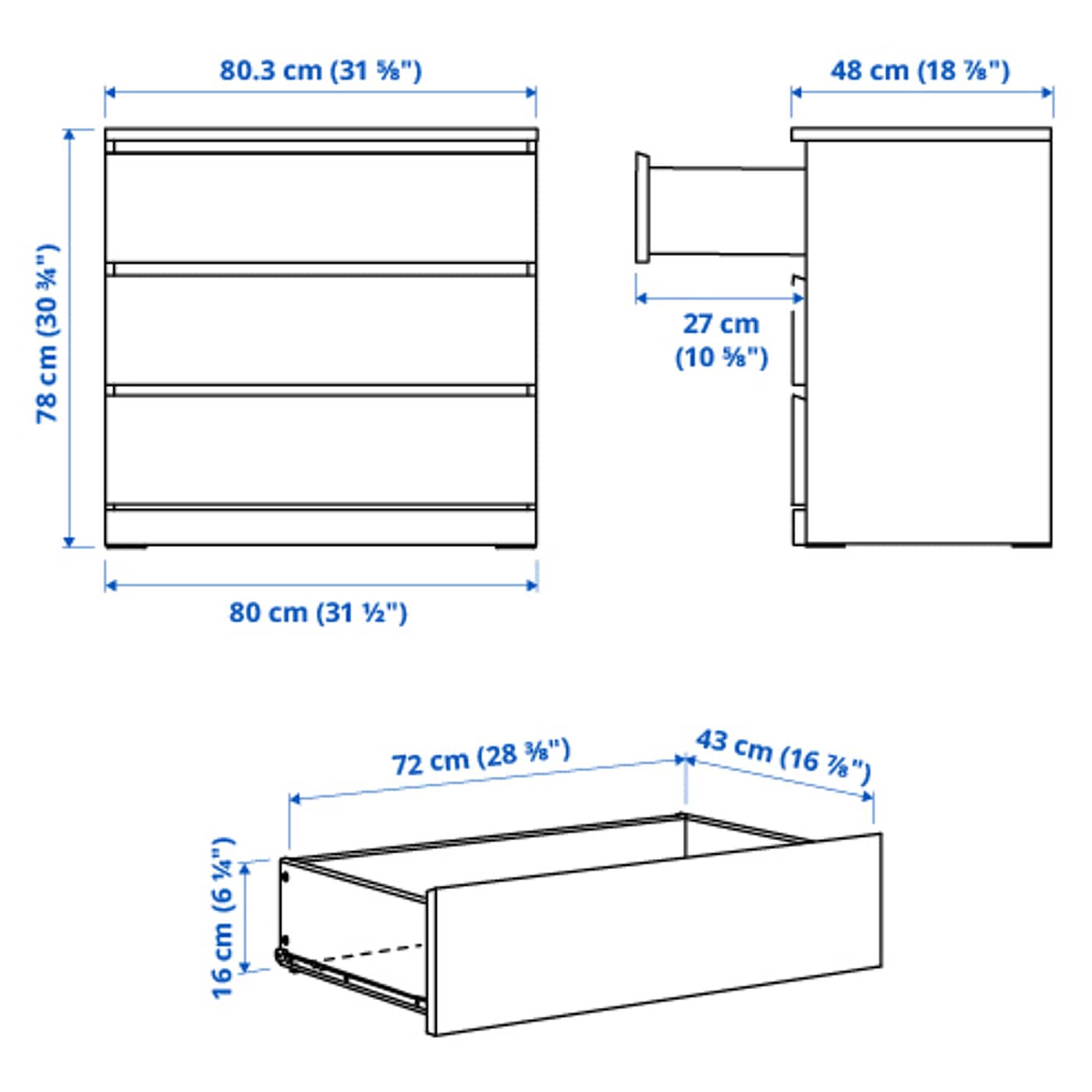 IKEA MALM Kommode mit 3 Schubladen weiß 80x78 cm Begrenzte Freigabe