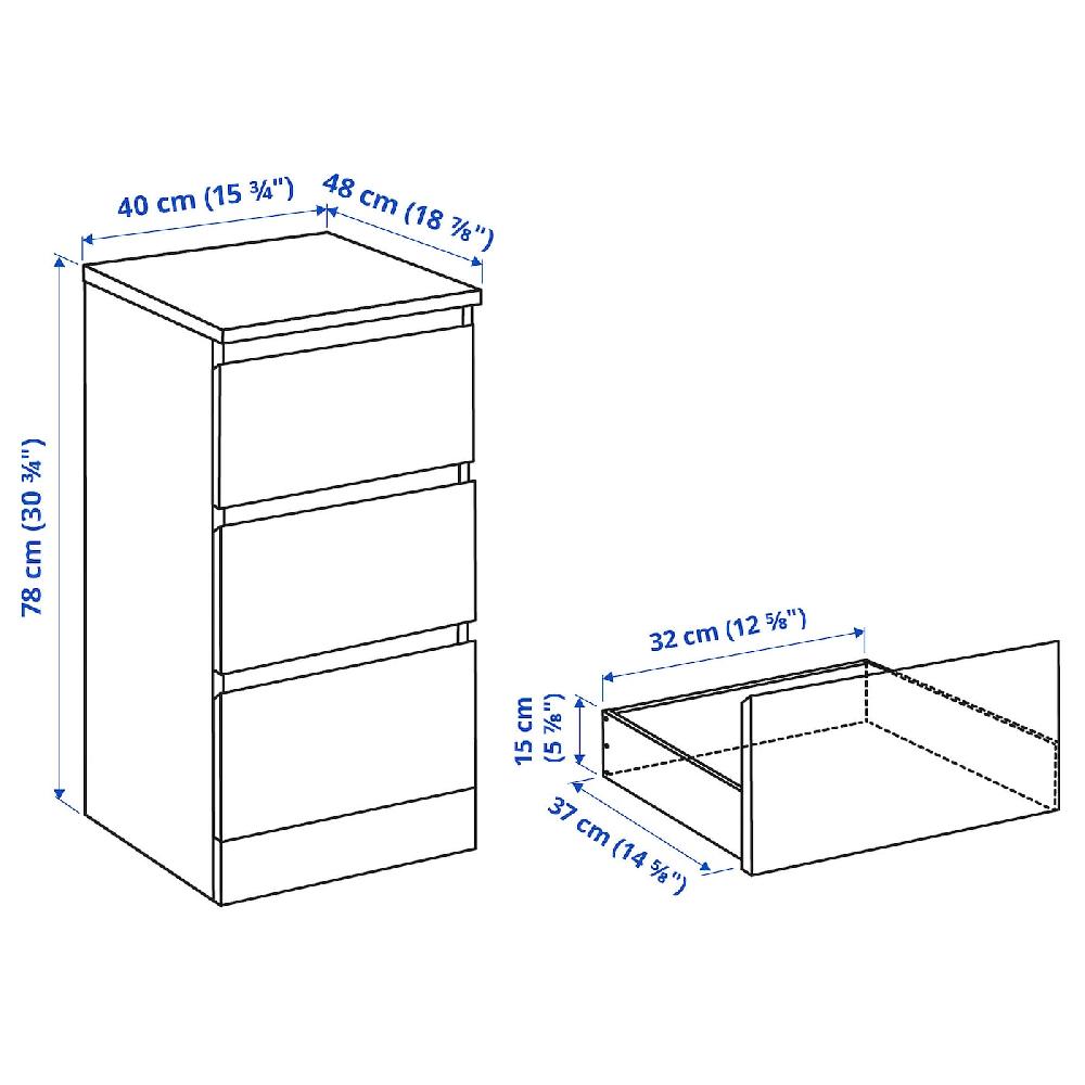 IKEA MALM Kommode mit 3 Schubladen weiß 40x78 cm Letzte 2 Tage