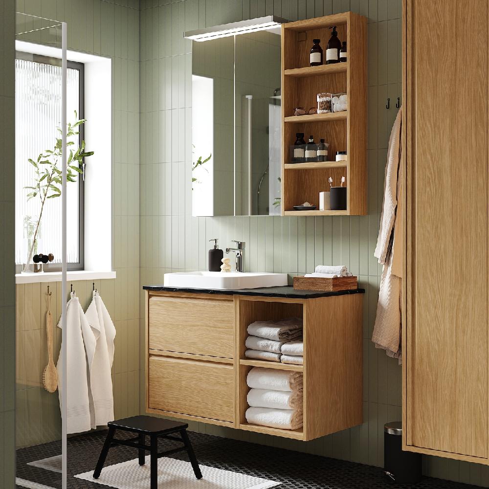 IKEA ÄNGSJÖN / BACKSJÖN Waschbeckenschr./Waschb./Mischbat. Eichenachbildung/schwarz marmoriert 102x49x71 cm Outlet