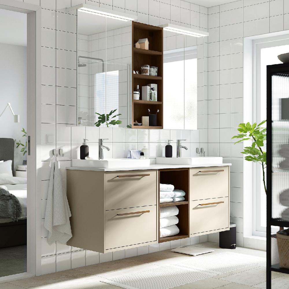 IKEA HAVBÄCK / ORRSJÖN Waschbeckenschr./2Waschb./2Mischba. Eichenachbildung beige/braun/weiß marmoriert 162x49x71 cm Günstiger Verkauf