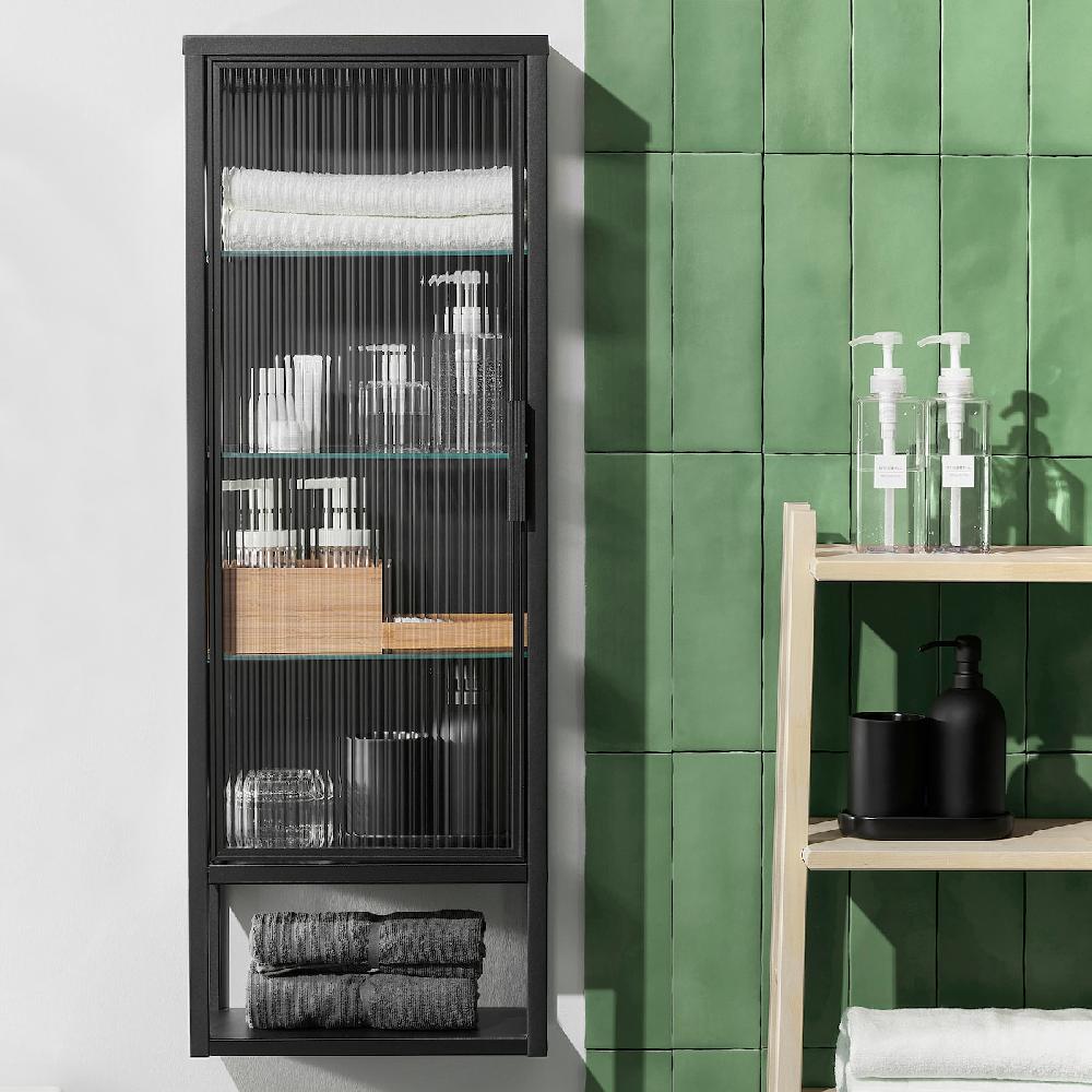 IKEA MOSSJÖN Wandschrank mit Böden/Glastür anthrazit 36x18x102 cm Online Outlet