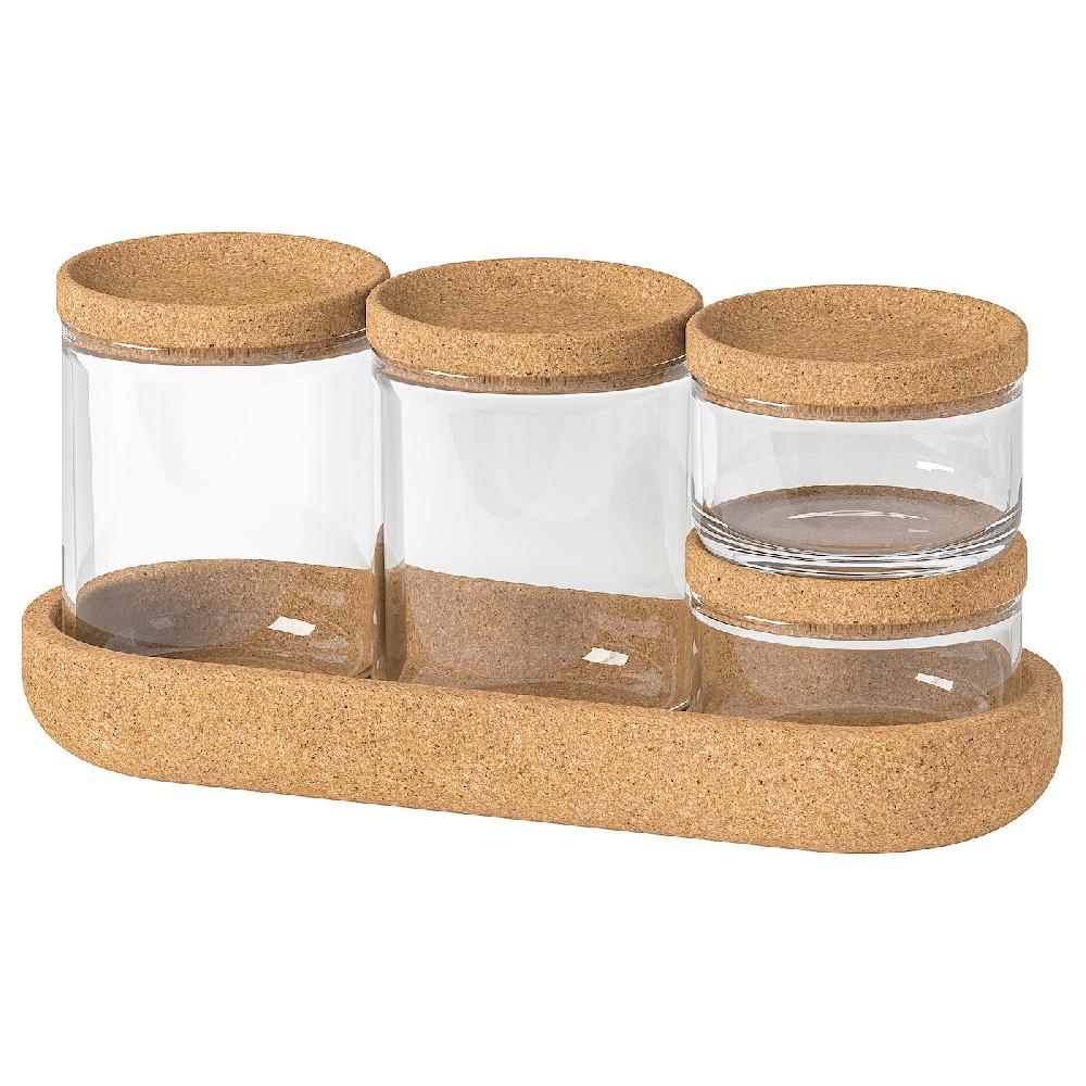 IKEA SAXBORGA 4 Gläser/Deckel + Tablett 5er-Set Glas Kork Bis zu 60% Rabatt