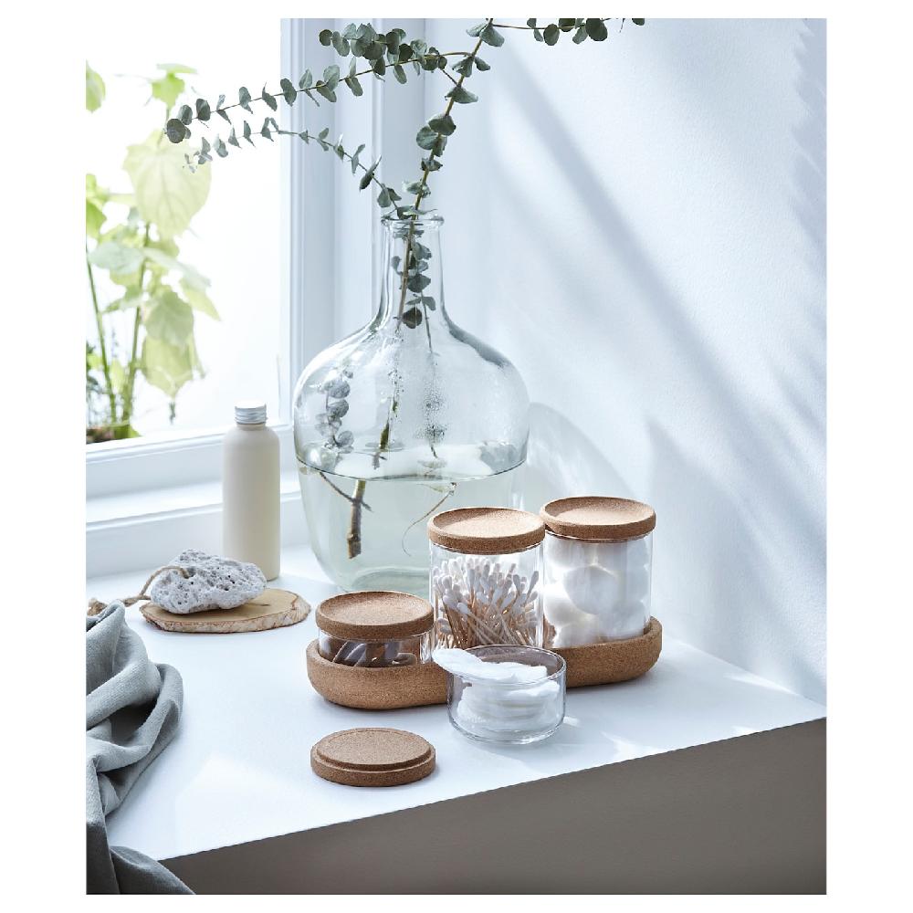 IKEA SAXBORGA 4 Gläser/Deckel + Tablett 5er-Set Glas Kork Bis zu 60% Rabatt