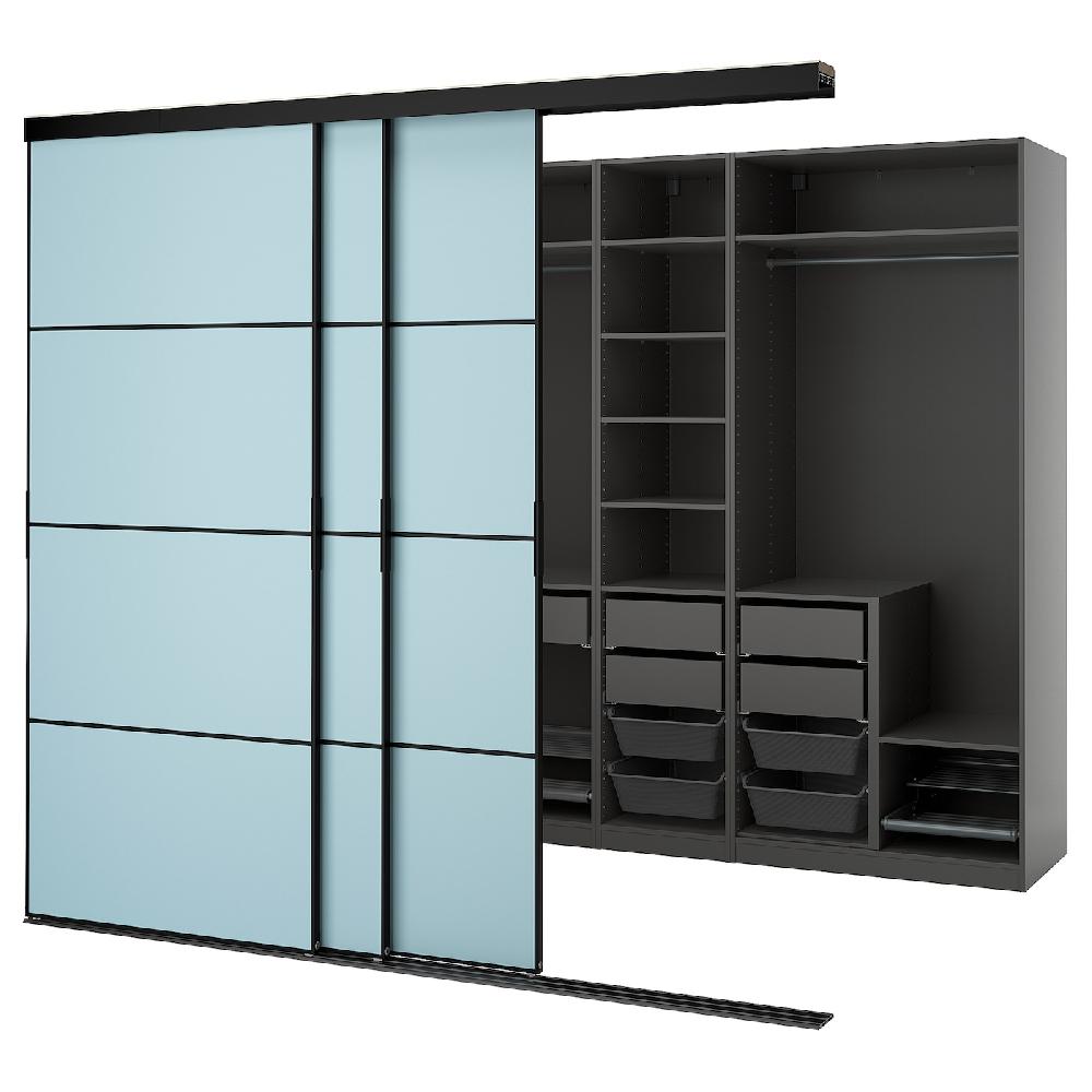 IKEA SKYTTA / PAX Kleiderschrank+Schiebetüren begehb. schwarz dunkelgrau/Mehamn hellblau 276x160x240 cm