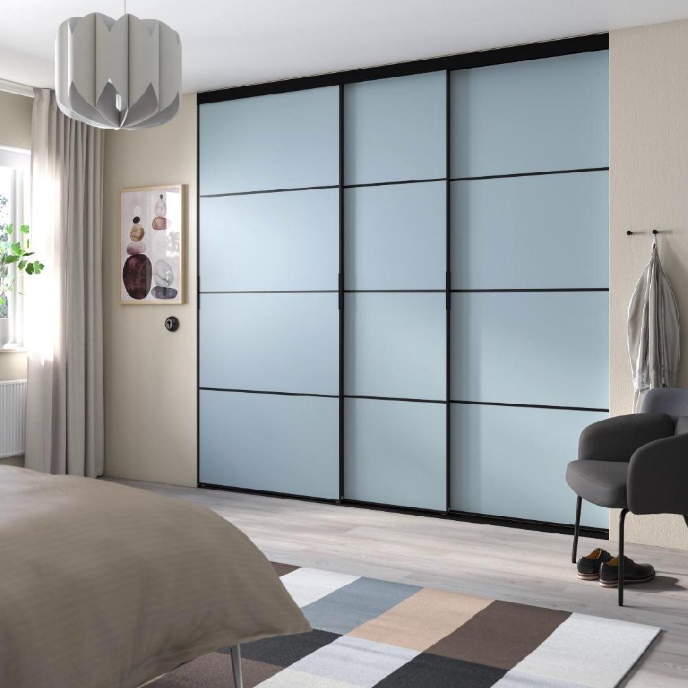 IKEA SKYTTA / PAX Kleiderschrank+Schiebetüren begehb. schwarz dunkelgrau/Mehamn hellblau 276x160x240 cm Begrenztes Angebot