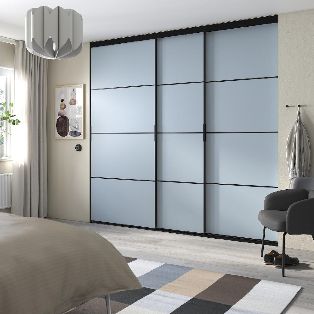 IKEA SKYTTA / PAX Kleiderschrank+Schiebetüren begehb. schwarz dunkelgrau/Mehamn hellblau 276x160x240 cm Begrenztes Angebot