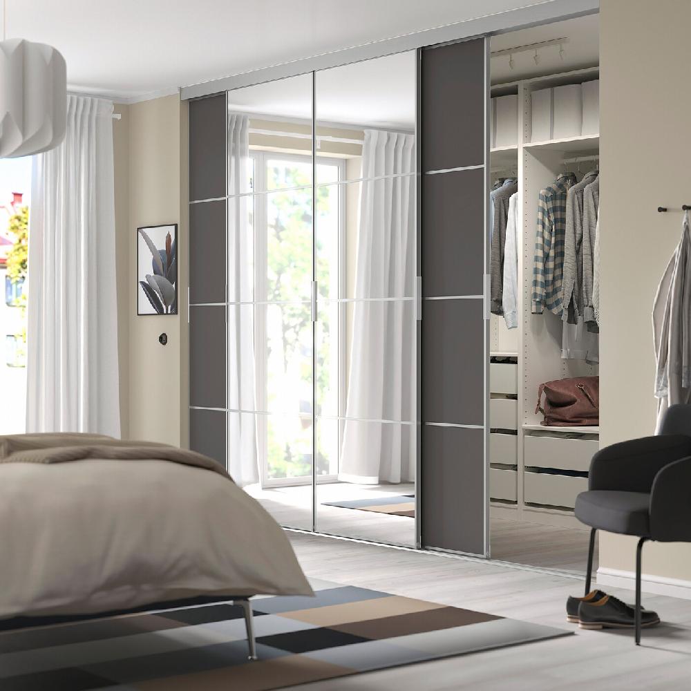 IKEA SKYTTA / MEHAMN/AULI Schiebetür-Kombination Aluminium/dunkelgrau Spiegelglas 301x240 cm Black Friday