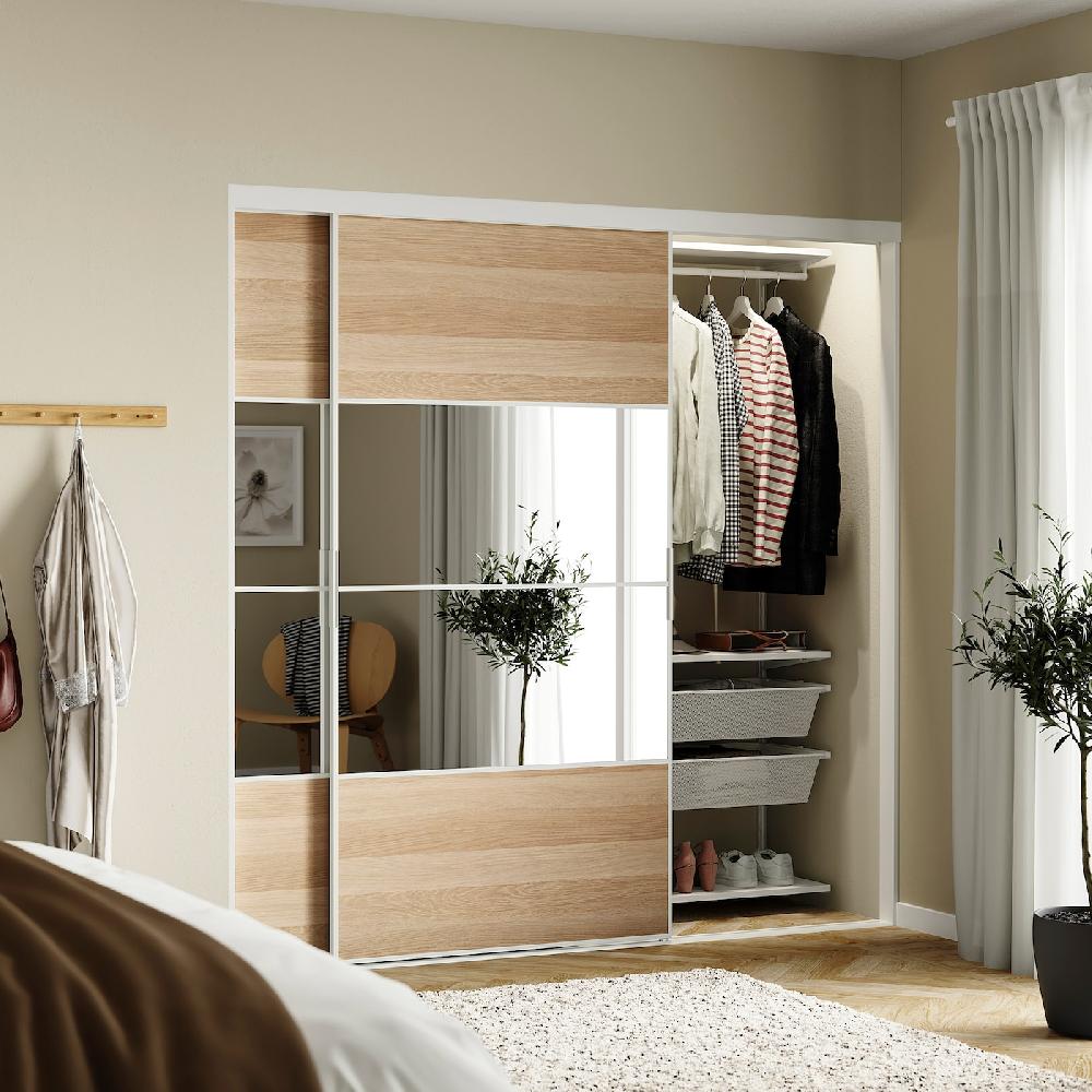 IKEA SKYTTA / BOAXEL Reach-in-Kleiderschrank +Schiebetür weiß Mehamn/Auli/Eicheneff wlas Spiegelglas 202x65x205 cm Weihnachtsangebot