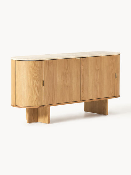 Westwing Collection Holz-Sideboard Zumi mit abgerundeten Ecken und Travertinplatte