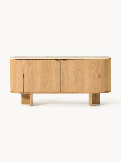Westwing Collection Holz-Sideboard Zumi mit abgerundeten Ecken und Travertinplatte Bestseller