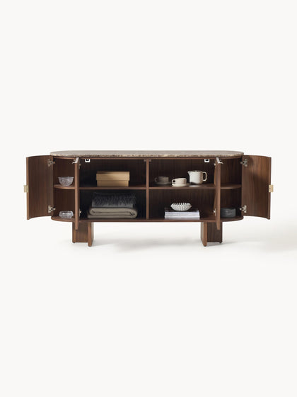 Westwing Collection Holz-Sideboard Zumi mit abgerundeten Ecken und Marmorplatte im Angebot