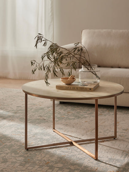 Westwing Collection Runder Couchtisch Antigua mit Glasplatte in Marmor-Optik Begrenzt auf 3 Tage