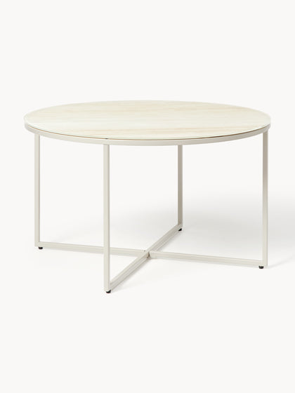Westwing Collection Runder Couchtisch Antigua mit Glasplatte in Travertin-Optik