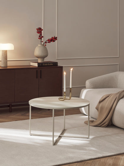 Westwing Collection Runder Couchtisch Antigua mit Glasplatte in Travertin-Optik Limitierter Zeitrabatt