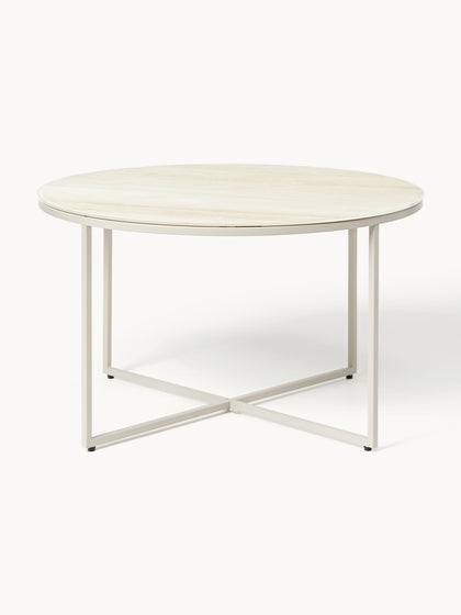 Westwing Collection Runder Couchtisch Antigua mit Glasplatte in Travertin-Optik Limitierter Zeitrabatt