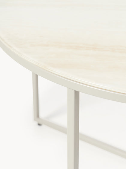 Westwing Collection Runder Couchtisch Antigua mit Glasplatte in Travertin-Optik Limitierter Zeitrabatt
