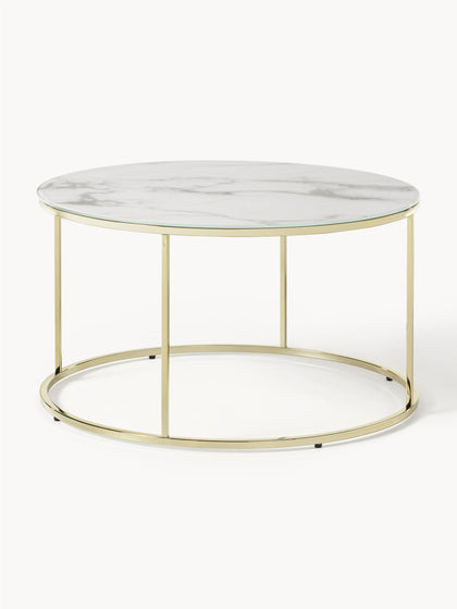 Westwing Collection Runder Couchtisch Antigua mit Glasplatte in Marmor-Optik