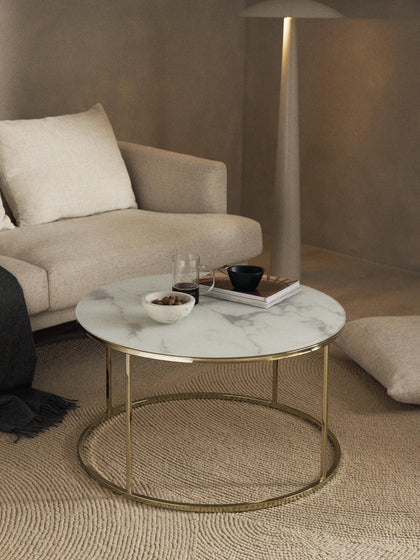 Westwing Collection Runder Couchtisch Antigua mit Glasplatte in Marmor-Optik Riesige Rabatte