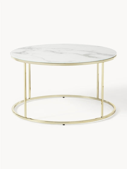Westwing Collection Runder Couchtisch Antigua mit Glasplatte in Marmor-Optik Riesige Rabatte