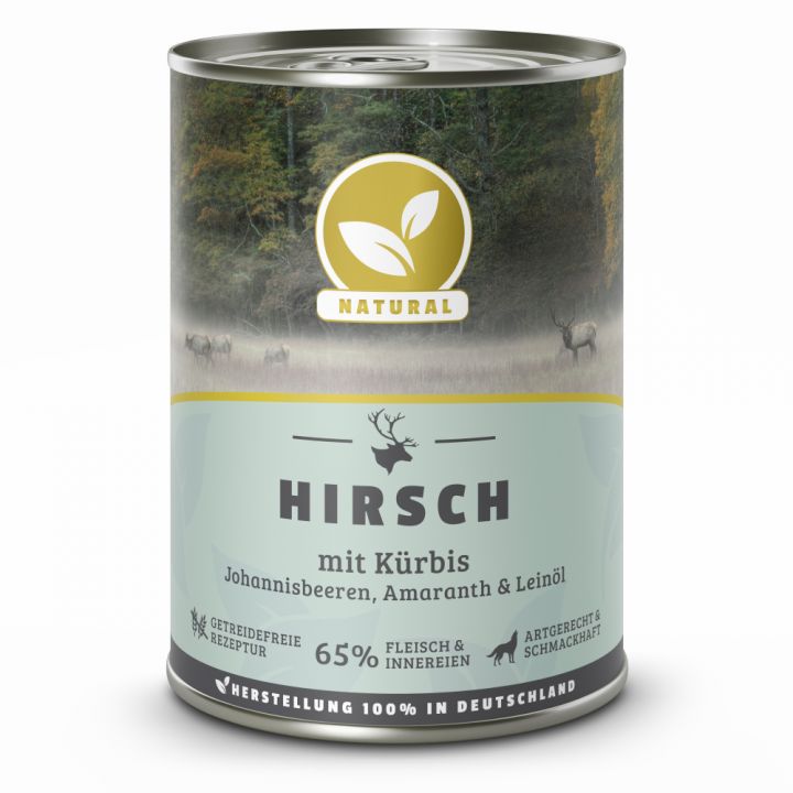 petspremium Natural Hirsch mit Kürbis Johannisbeeren Amaranth und Leinöl Nassfutter 24 x 400 g