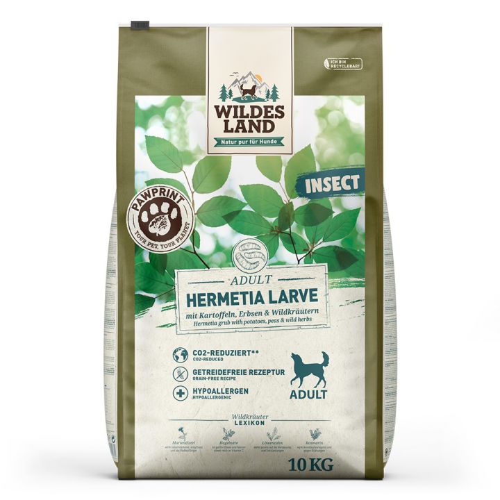 petspremium Wildes Land PAWPRINT INSECT Hermetia Larve mit Kartoffeln Erbsen und Wildkräutern Adult Trockenfutter 10 kg