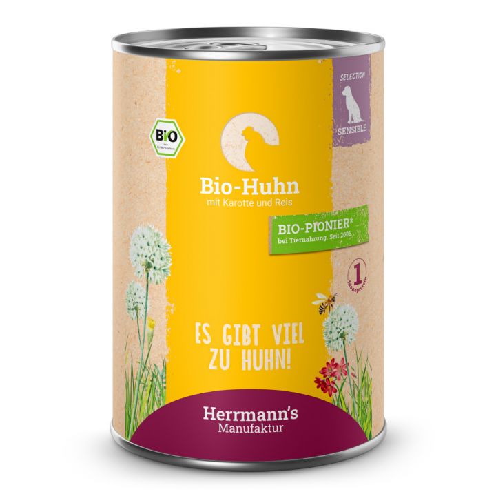 petspremium Herrmann's Bio Huhn mit Karotte und Reis Selection Sensible Nassfutter 48 x 400 g