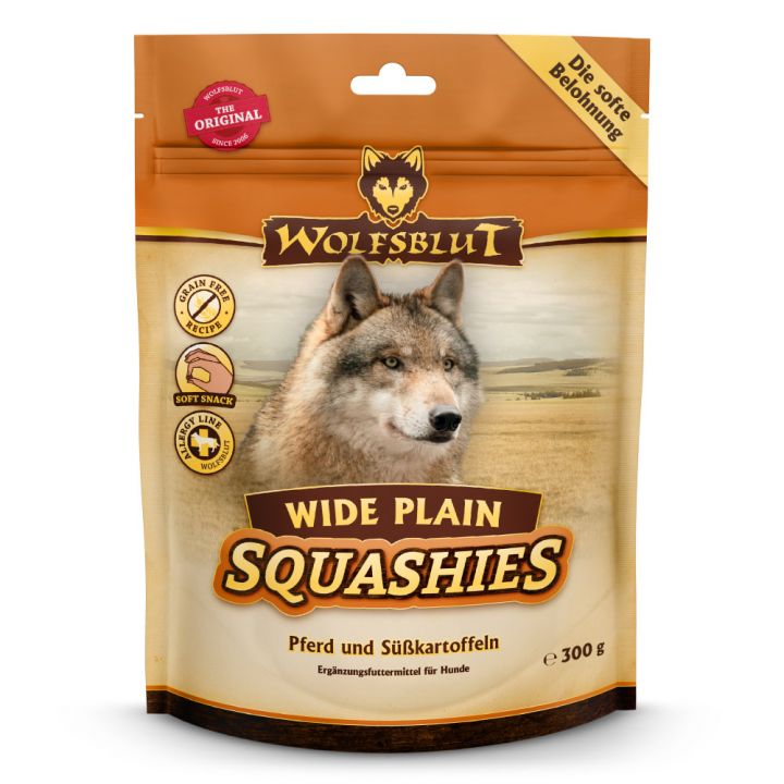 petspremium Wolfsblut Wide Plain - Pferdefleisch und Süßkartoffel Squashies Snack 6 x 300 g