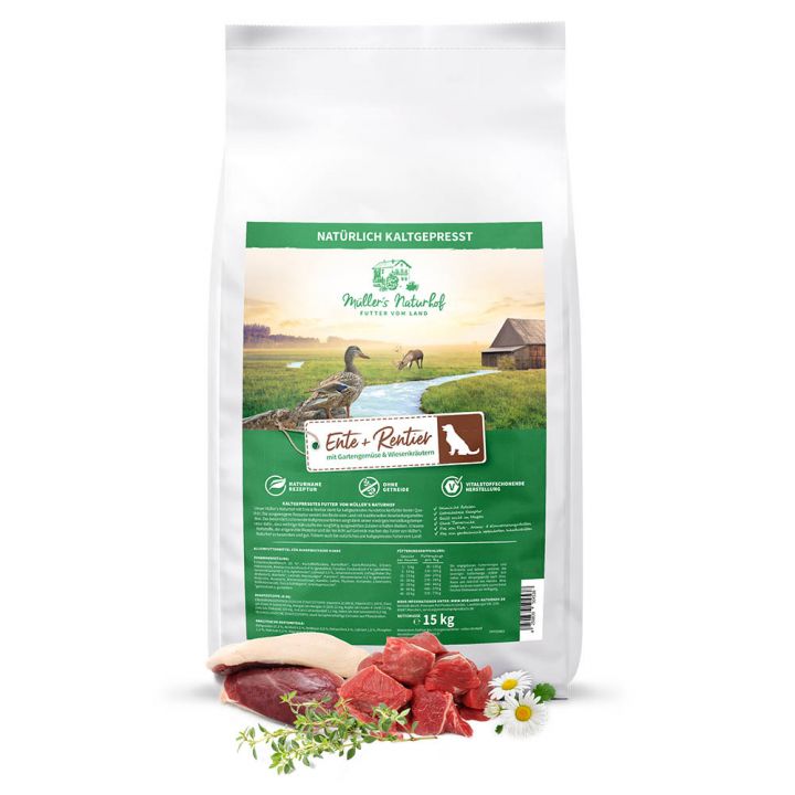 petspremium Müller’s Naturhof Ente und Rentier Getreidefrei Trockenfutter 15 kg