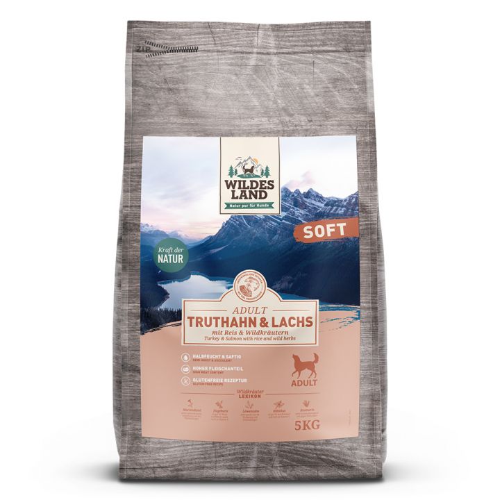 petspremium Wildes Land Truthahn und Lachs mit Reis und Wildkräutern Soft Adult Trockenfutter 3 x 5 kg
