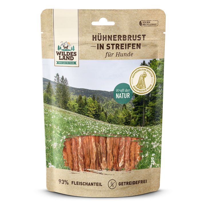 petspremium Wildes Land Hühnerbrust in Streifen Fleischsnacks Snack 8 x 200 g