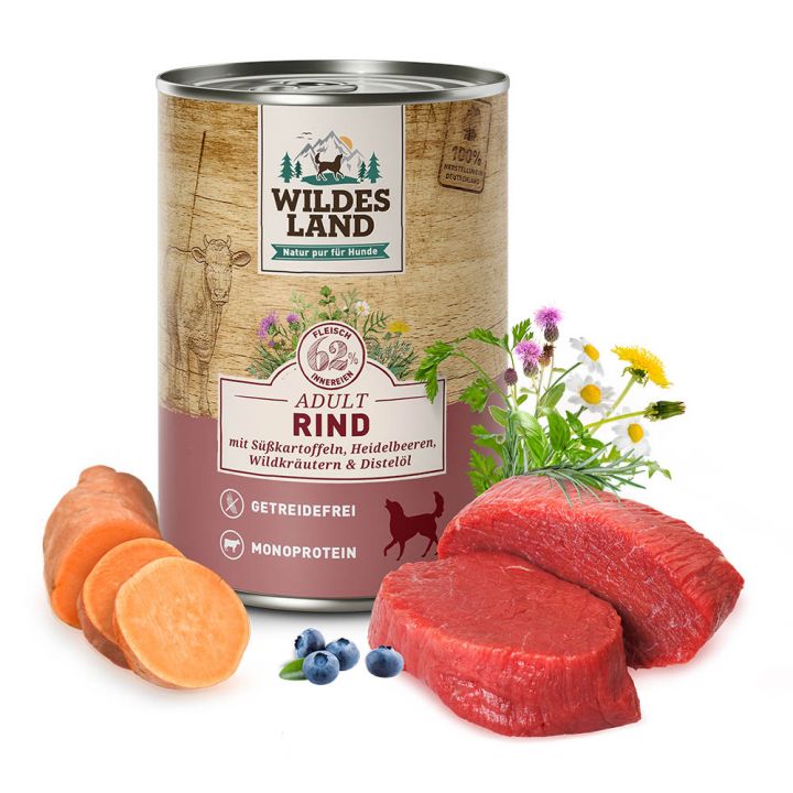 petspremium Wildes Land Rind mit Süßkartoffeln Heidelbeeren Wildkräutern und Distelöl Classic Adult Nassfutter 6 x 400 g