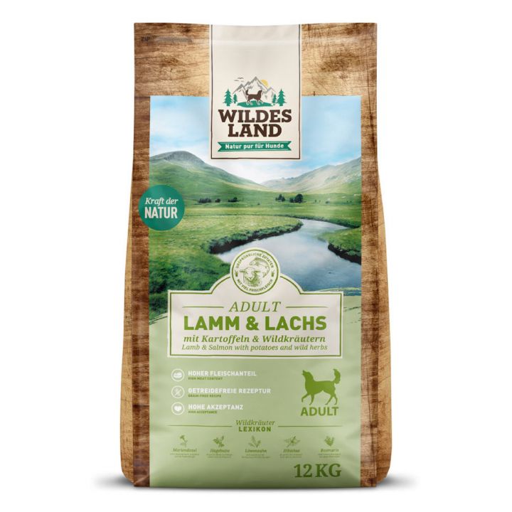petspremium Wildes Land Lamm und Lachs mit Kartoffeln und Wildkräutern Classic Adult Trockenfutter 12 kg