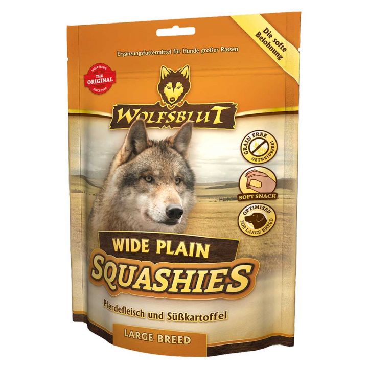 petspremium Wolfsblut Wide Plain Large Breed - Pferdefleisch & Süßkartoffel Squashies Snack 6 x 300 g