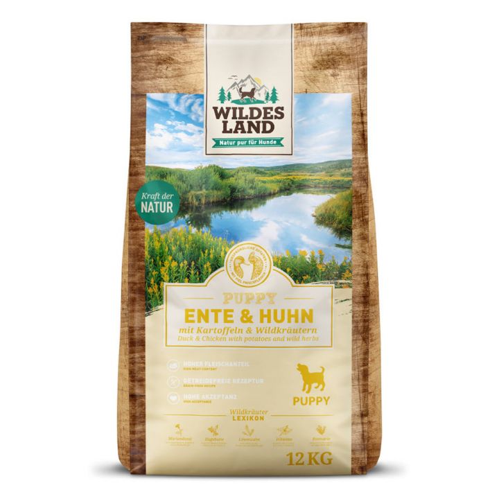 petspremium Wildes Land Ente und Huhn mit Kartoffeln und Wildkräutern Classic Puppy Trockenfutter 12 kg