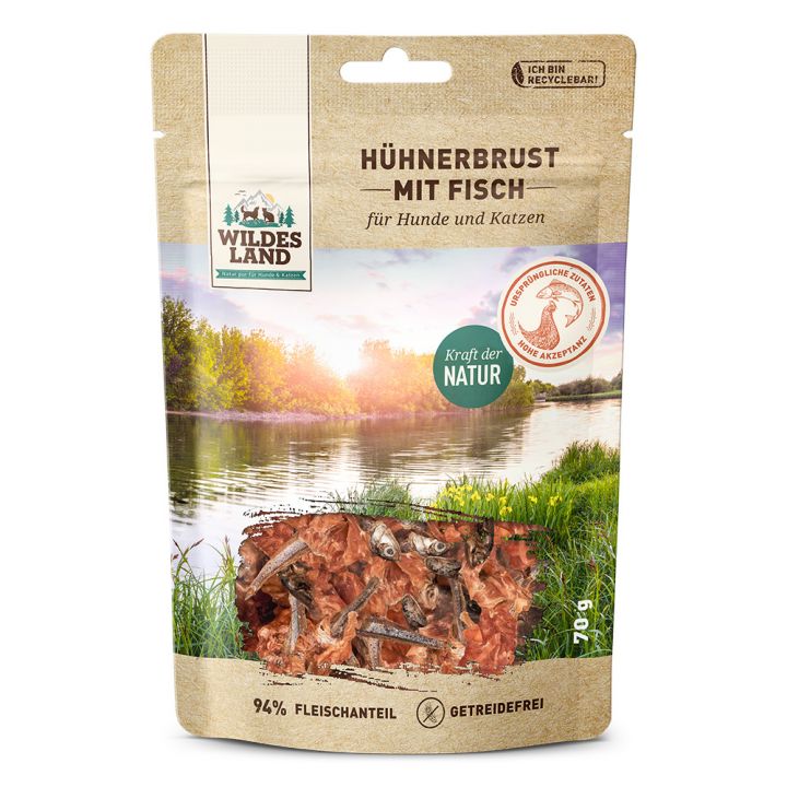 petspremium Wildes Land Hühnerbrust mit Fisch Fleischsnacks Snack 5 x 70 g