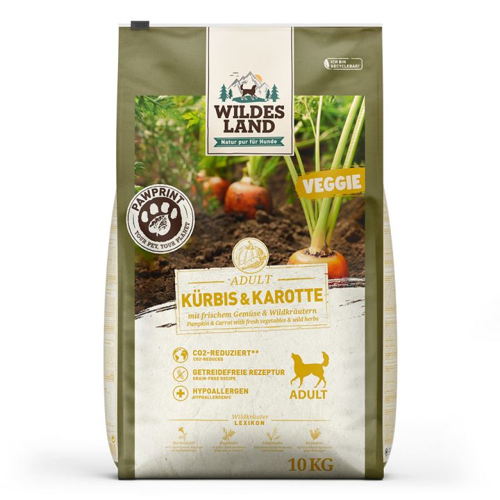 petspremium Wildes Land PAWPRINT VEGGIE Kürbis & Karotte mit frischem Gemüse & Wildkräutern Adult Trockenfutter 10 kg
