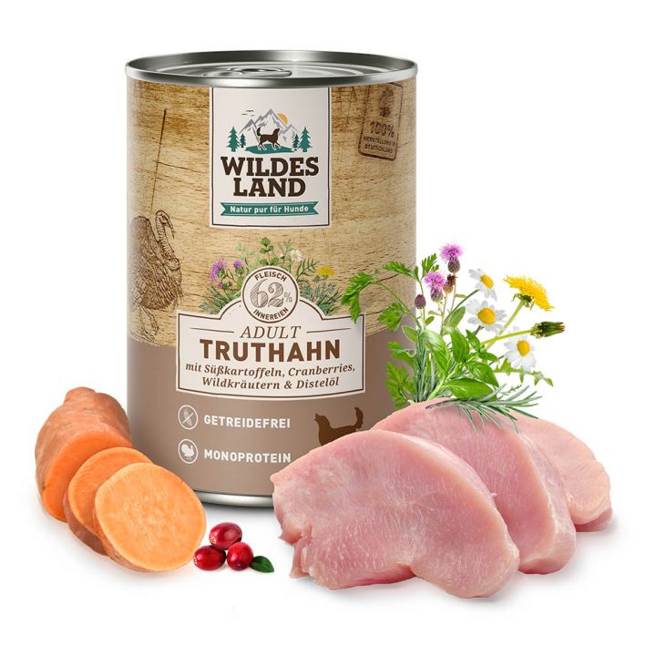 petspremium Wildes Land Truthahn mit Süßkartoffel Cranberries Wildkräutern und Distelöl Classic Adult Nassfutter 6 x 400 g