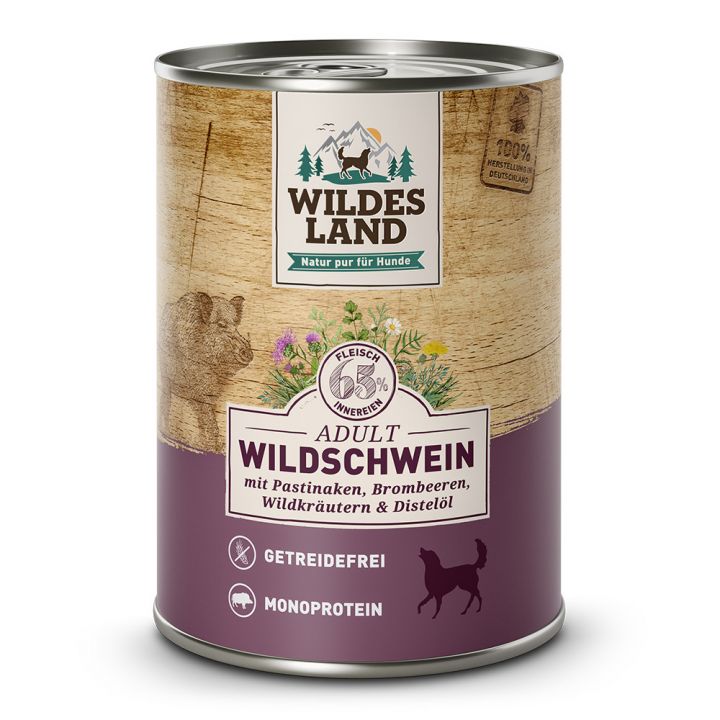 petspremium Wildes Land Wildschwein mit Pastinake Brombeeren Wildkräutern und Distelöl Classic Adult Nassfutter 6 x 400 g