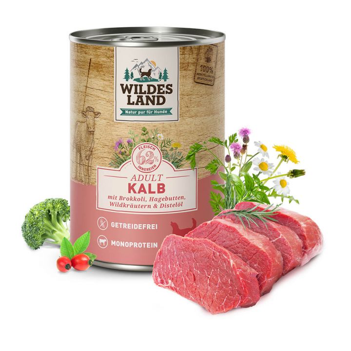 petspremium Wildes Land Kalb mit Brokkoli Hagebutte Wildkräutern und Distelöl Classic Adult Nassfutter 6 x 400 g