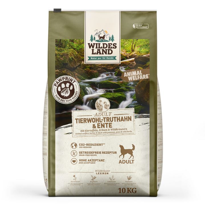 petspremium Wildes Land PAWPRINT ANIMAL-WELFARE Tierwohl-Truthahn & Ente mit Kartoffeln Erbsen & Wildkräutern Adult Trockenfutter 10 kg