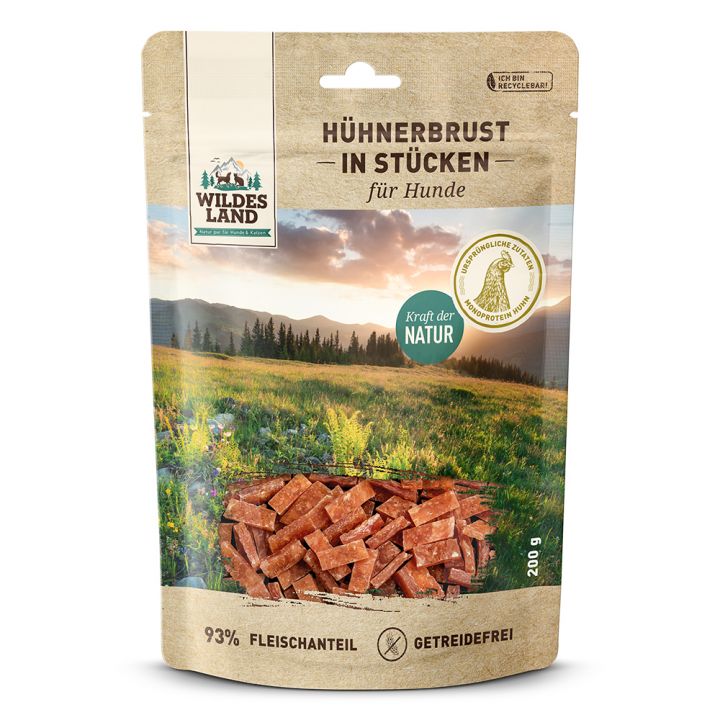 petspremium Wildes Land Hühnerbrust in Stücken Fleischsnacks Snack 200 g