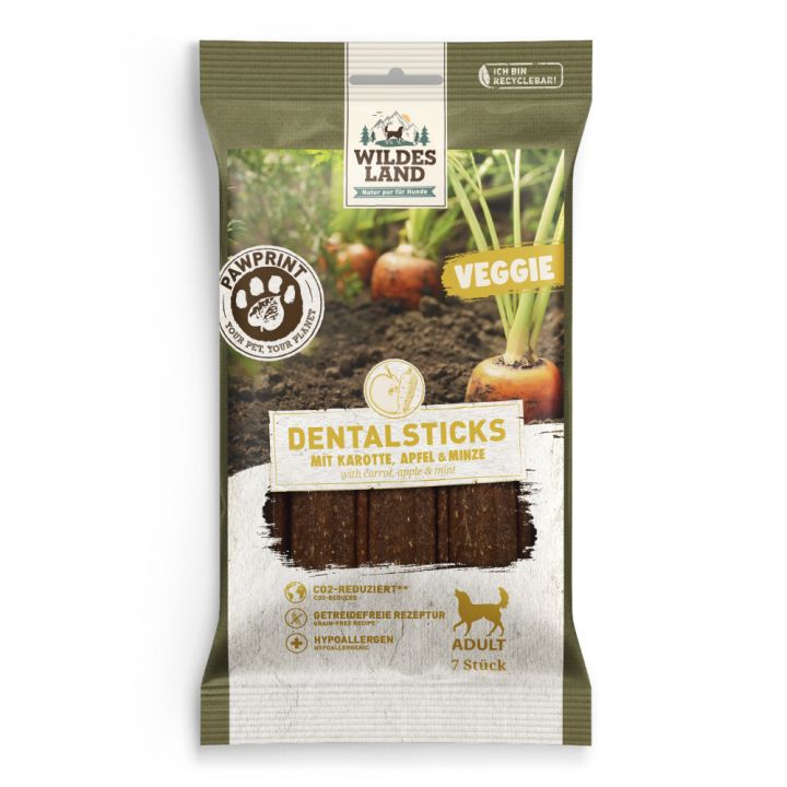 petspremium Wildes Land PawPrint Veggie Dentalsticks mit Karotte Apfel & Minze Adult Snack 180 g