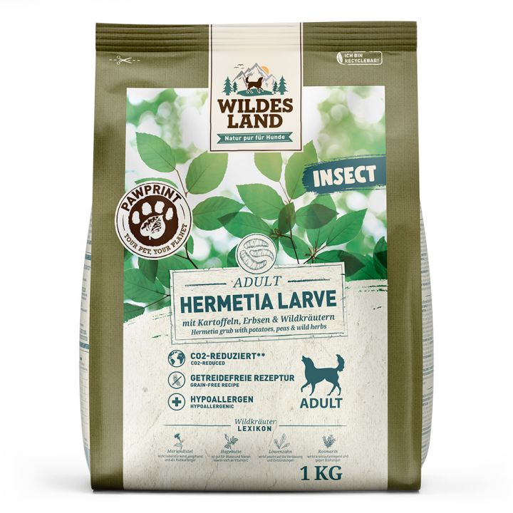 petspremium Wildes Land PAWPRINT INSECT Hermetia Larve mit Kartoffeln Erbsen und Wildkräutern Adult Trockenfutter 1 kg Fabrikladen