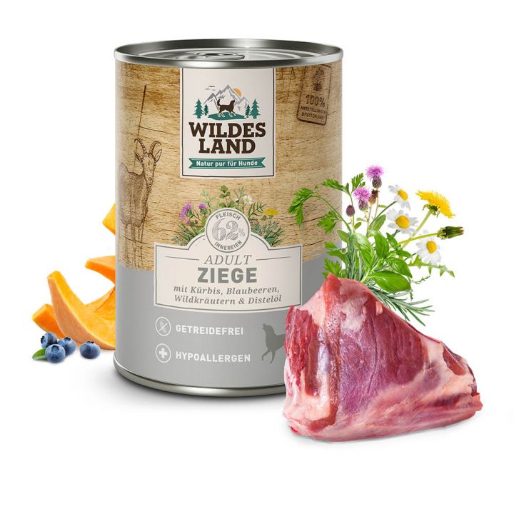 petspremium Wildes Land Ziege mit Kürbis Blaubeeren Wildkräutern und Distelöl Classic Adult Nassfutter 6 x 400 g