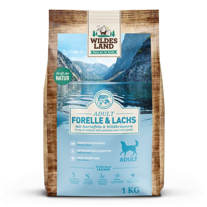 petspremium Wildes Land Forelle und Lachs mit Kartoffeln und Wildkräutern Classic Adult Trockenfutter 4 x 1 kg
