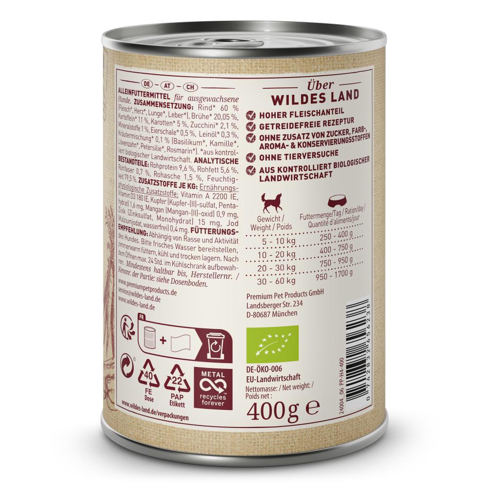 petspremium Wildes Land Rind mit Kartoffeln Karotten & Zucchini BIO Adult Nassfutter 6 x 400 g Begrenztes Angebot