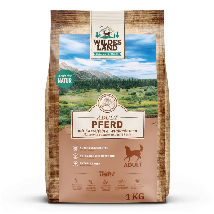 petspremium Wildes Land Pferd mit Kartoffeln und Wildkräutern Classic Adult Trockenfutter 1 kg