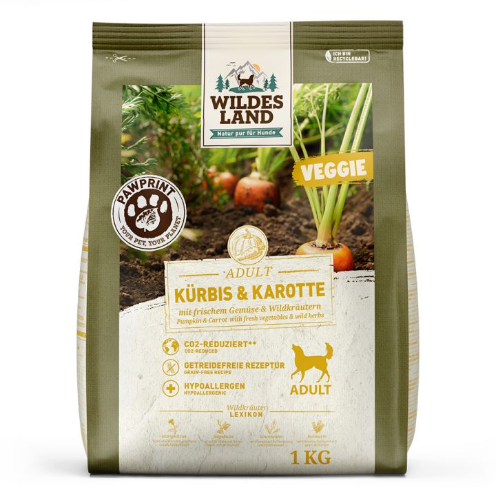 petspremium Wildes Land PAWPRINT VEGGIE Kürbis & Karotte mit frischem Gemüse & Wildkräutern Adult Trockenfutter 5 x 1 kg