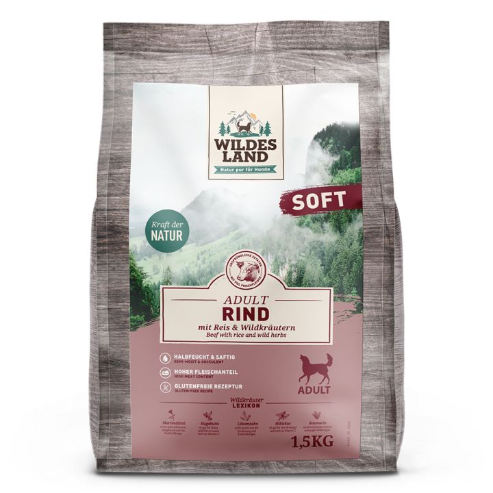 petspremium Wildes Land Rind mit Reis und Wildkräutern Soft Adult Trockenfutter 1 5 kg